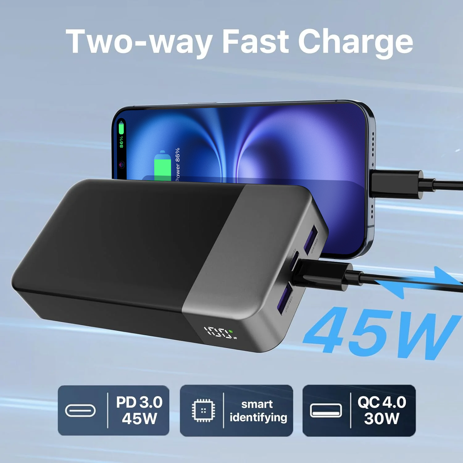 NOBIS Tragbares SCHNELLladegerät PD 3.0 Power Bank mit 2 USB-C 45W 20000mAh
