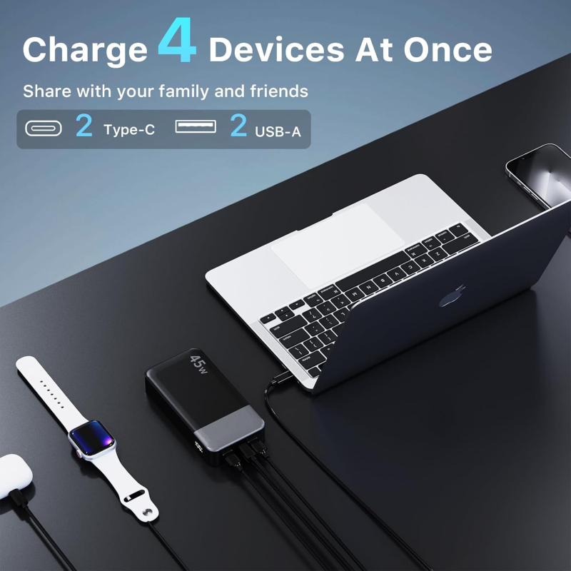 NOBIS Tragbares SCHNELLladegerät PD 3.0 Power Bank mit 2 USB-C 45W 20000mAh