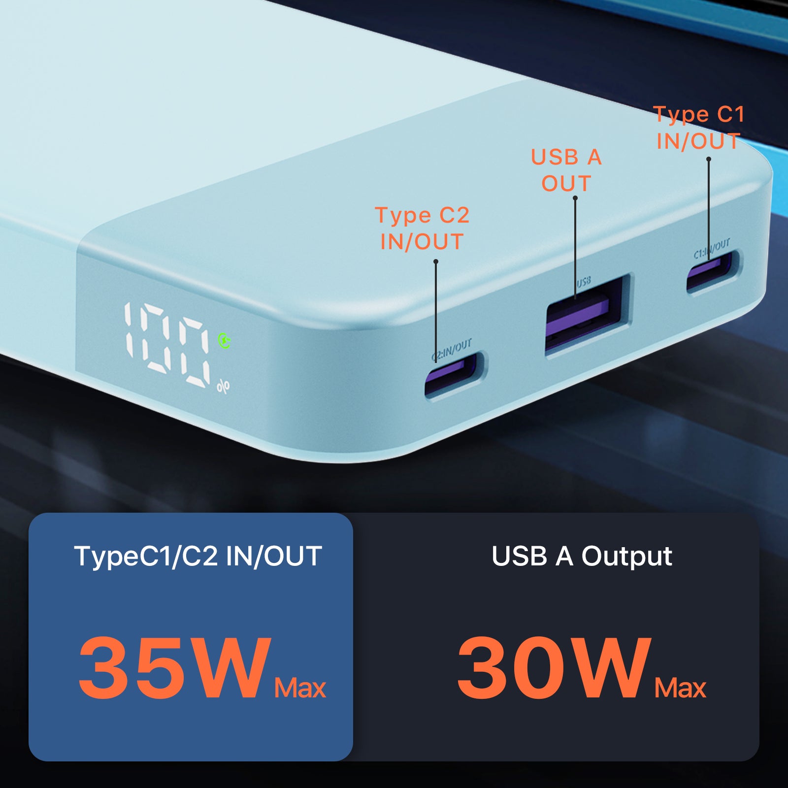 JUOVI Power Bank With USB-C 35W 10000mAh Blue